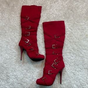Michael Antonio Red Strappy Buckle High Heel Boots